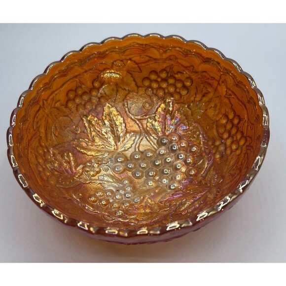 Antique Fenton Marigold Iridescent Carnival Glass Bowl With Grape & Leaf Design - Picture 12 of 12